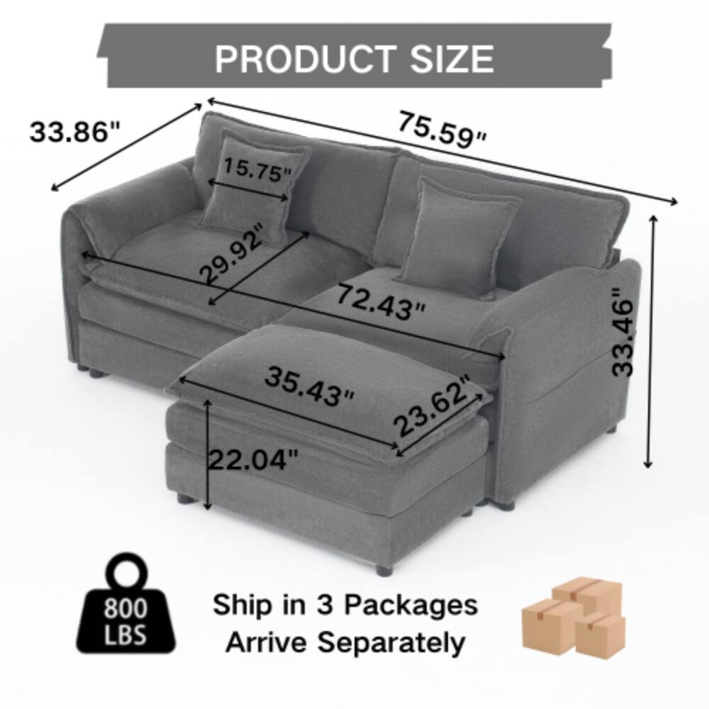 PRODUCT SIZE  
33.86"  
75.59"  
15.75"  
29.92"  
72.43"  
35.43"  
23.62"  
22.04"  
33.46"  

800 LBS  
Ship in 3 Packages  
Arrive Separately