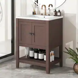 Whisen - 24-Inch Freestanding Bathroom Vanity with Ceramic Sink and Open Style Shelf - Brown