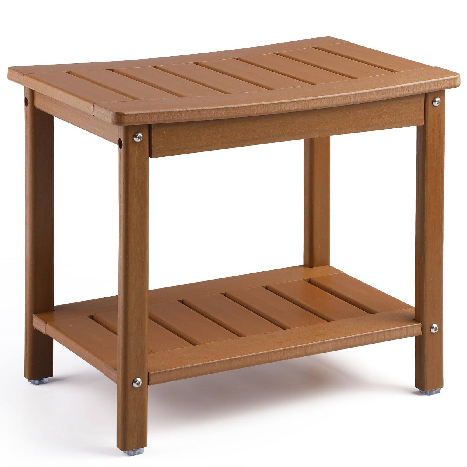 JETRANSPORT - Shower Chair Hdpe Bench For Inside To Sit On It Stool With Storage Shelf 2-tier Spa Water Resistant - Teak L size