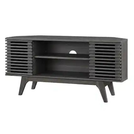 Front. FurniFact - Gray wood corner TV stand with sleek design and sturdy construction - Gray.