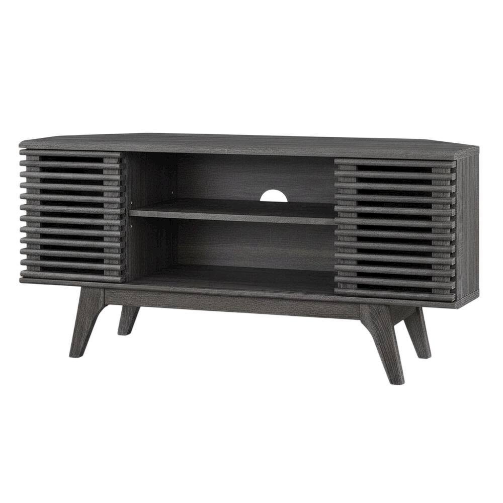 Front. FurniFact - Gray wood corner TV stand with sleek design and sturdy construction - Gray.