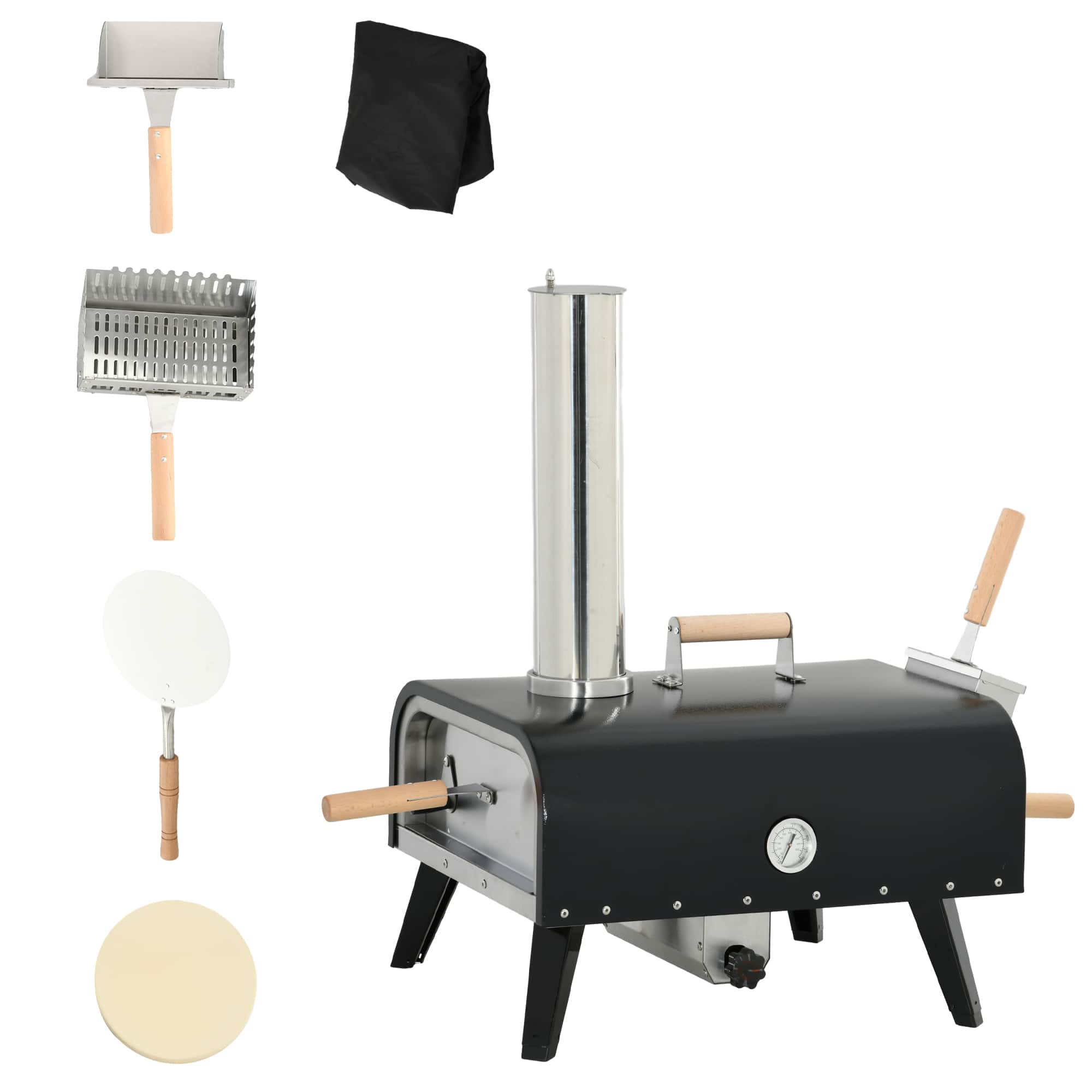 Outsunny - Wood Fired Pizza Oven with 12" Rotating Stone, Peel and Waterproof Cover, Portable Pizza Maker with Foldable Legs - Black