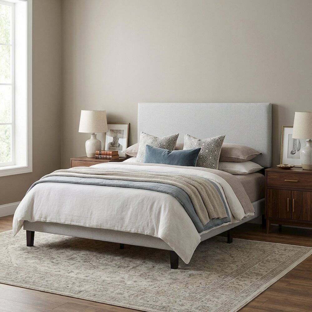 Left. FurniFact - Upholstered Queen Headboard in Neutral Fabric, Durable Frame, Stylish Design - Gray.