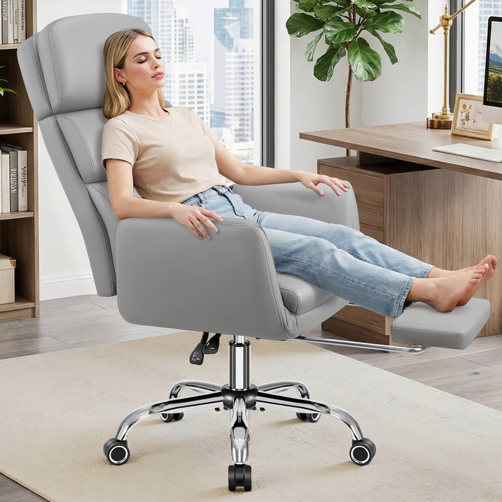 Alt View 9. KERDOM - Big Tall Office Chair with Reversible Arm, PU Leather Executive Manager Boss Chair with Lifting Headrest & Lumbar Pillow - Light Grey.