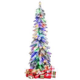 WELLFOR - 4 ft Pre‑lit Snow‑Flocked Slim Pencil Christmas Tree with 225 Branch Tips,100 LED Lights‑Holiday Indoor Decoration - White & Green