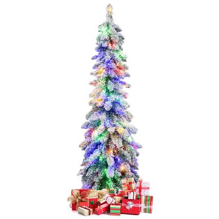 Front. WELLFOR - 4 ft Pre‑lit Snow‑Flocked Slim Pencil Christmas Tree with 225 Branch Tips,100 LED Lights‑Holiday Indoor Decoration - White & Green.