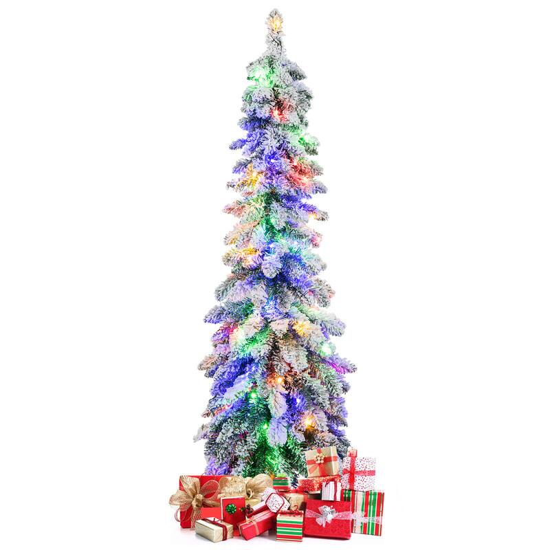 Front. WELLFOR - 4 ft Pre‑lit Snow‑Flocked Slim Pencil Christmas Tree with 225 Branch Tips,100 LED Lights‑Holiday Indoor Decoration - White & Green.