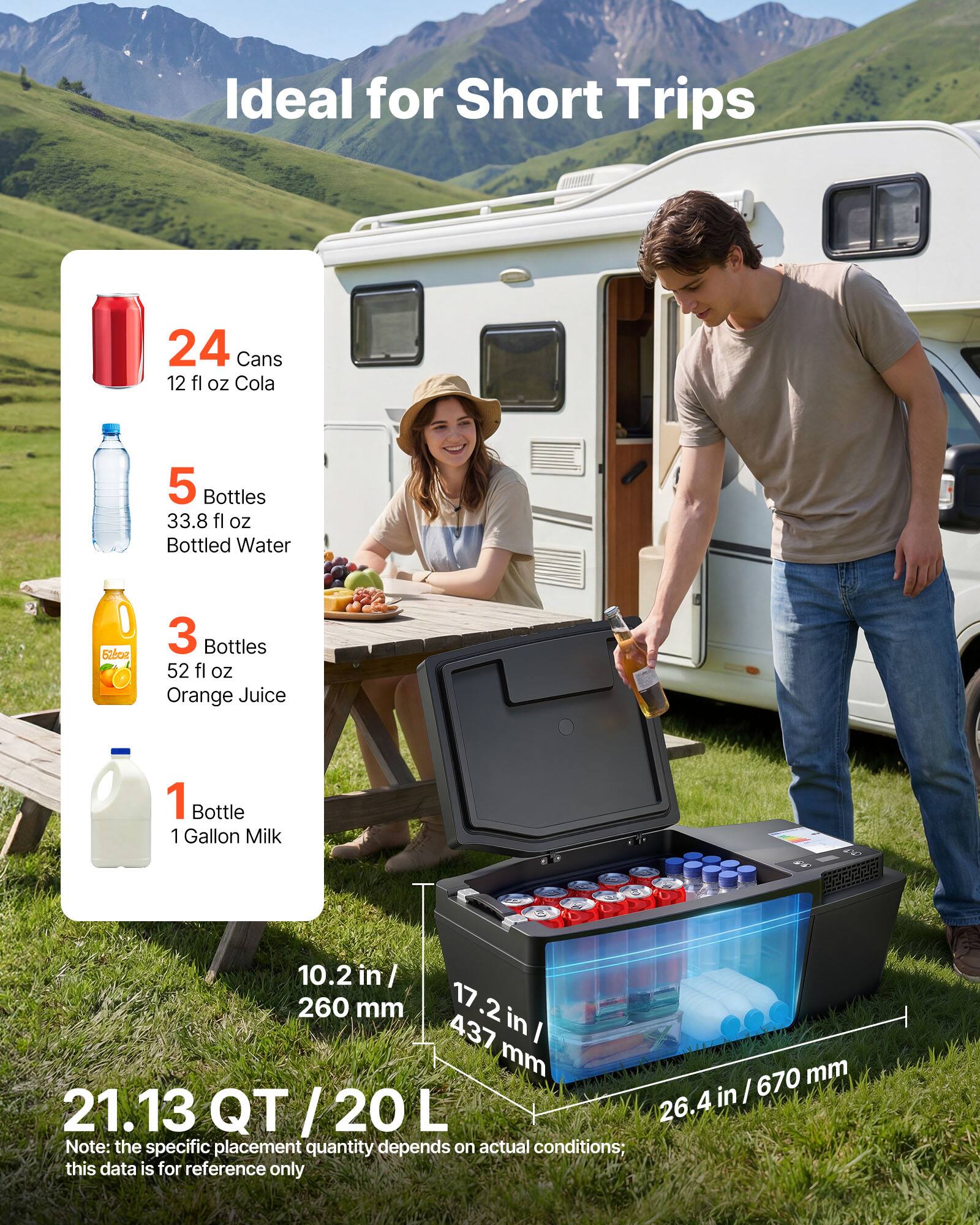 Ideal for Short Trips

24 Cans 12 fl oz Cola  
5 Bottles 33.8 fl oz Bottled Water  
3 Bottles 52 fl oz Orange Juice  
1 Bottle 1 Gallon Milk  

10.2 in / 260 mm  
17.2 in / 437 mm  
26.4 in / 670 mm  

21.13 QT / 20 L  

Note: the specific placement quantity depends on actual conditions; this data is for reference only
