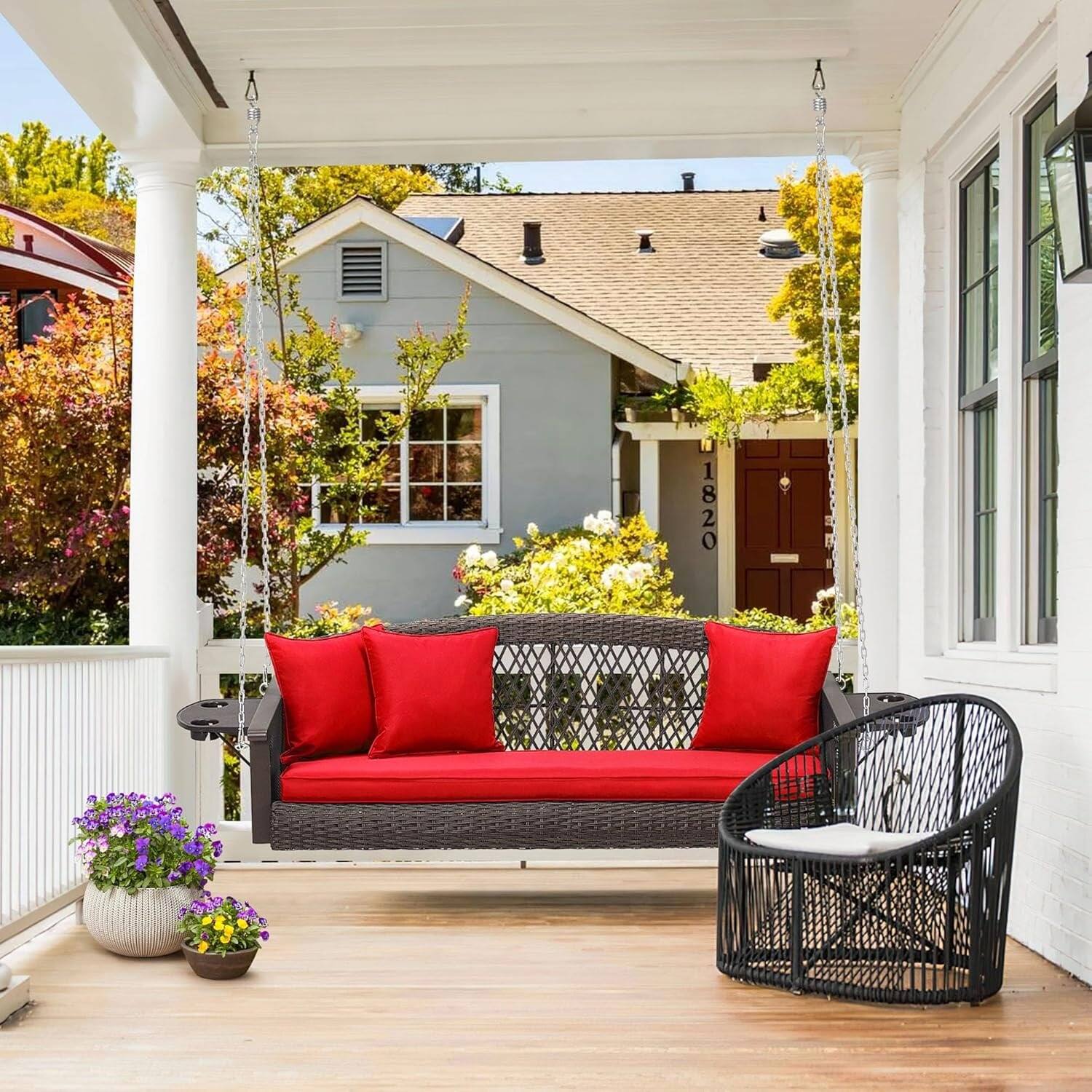 Angle. U-HOMY - 3-Seat Outdoor Porch Swing with Cup Holders – Weather-Resistant Rattan, 900 lbs Capacity - Red.