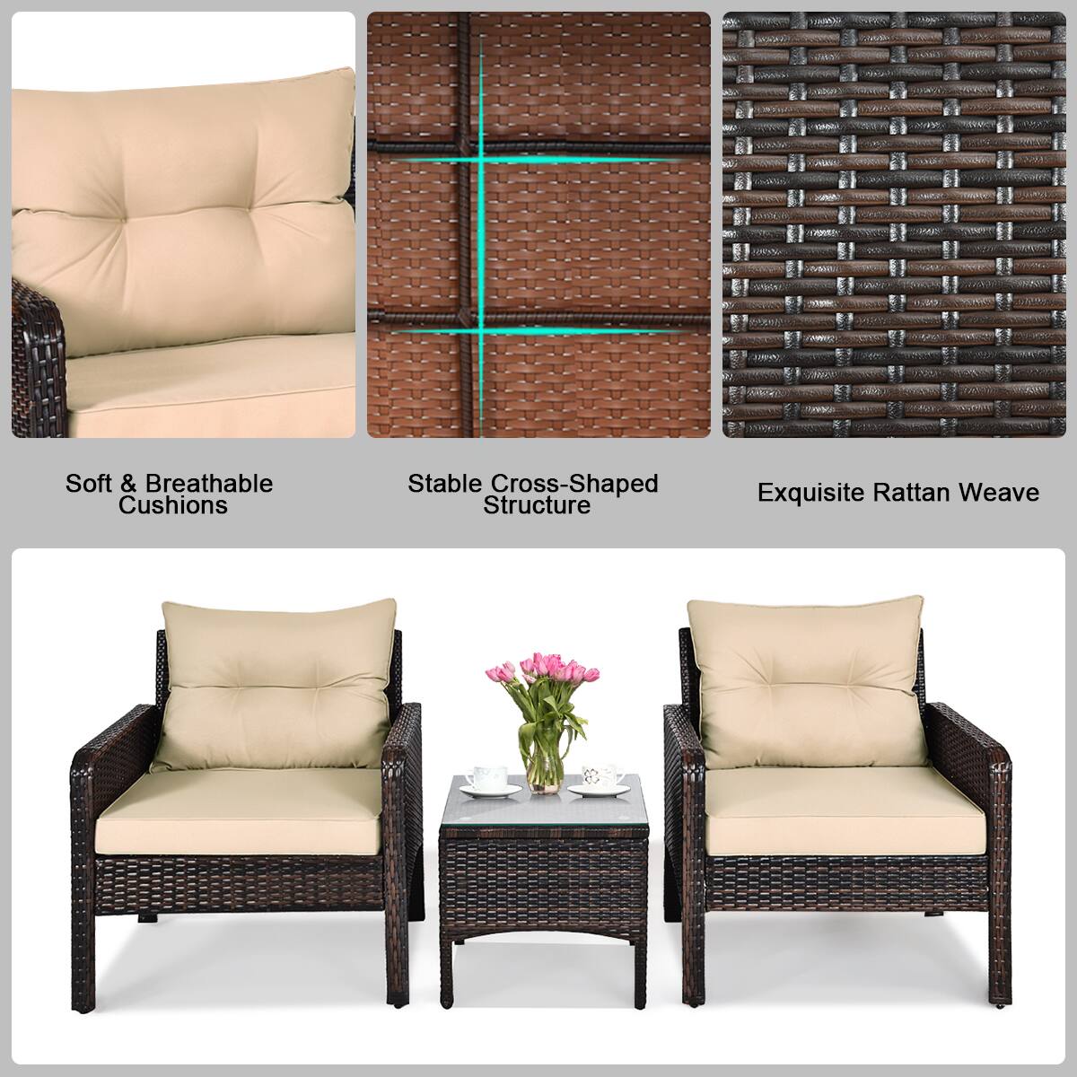Soft & Breathable Cushions, Stable Cross-Shaped Structure, Exquisite Rattan Weave