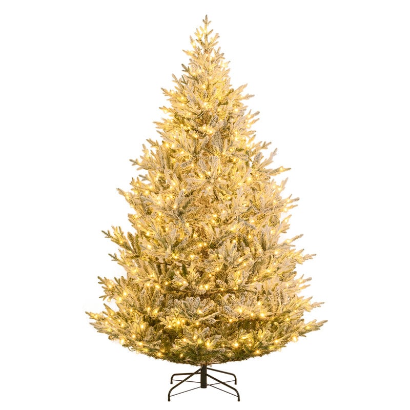 WELLFOR - 8 ft Pre‑lit Snow‑Flocked Hinged Artificial Christmas Tree with 1470 PE‑PVC Branch Tips &580 Warm‑White LED Lights - White & Green