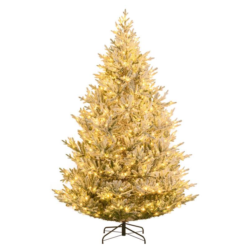 Front. WELLFOR - 8 ft Pre‑lit Snow‑Flocked Hinged Artificial Christmas Tree with 1470 PE‑PVC Branch Tips &580 Warm‑White LED Lights - White & Green.