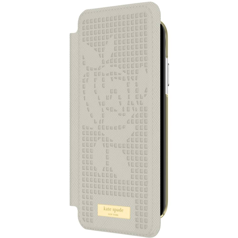 folio case for apple iphone xr - gold logo plate/perforated rose clocktower gray