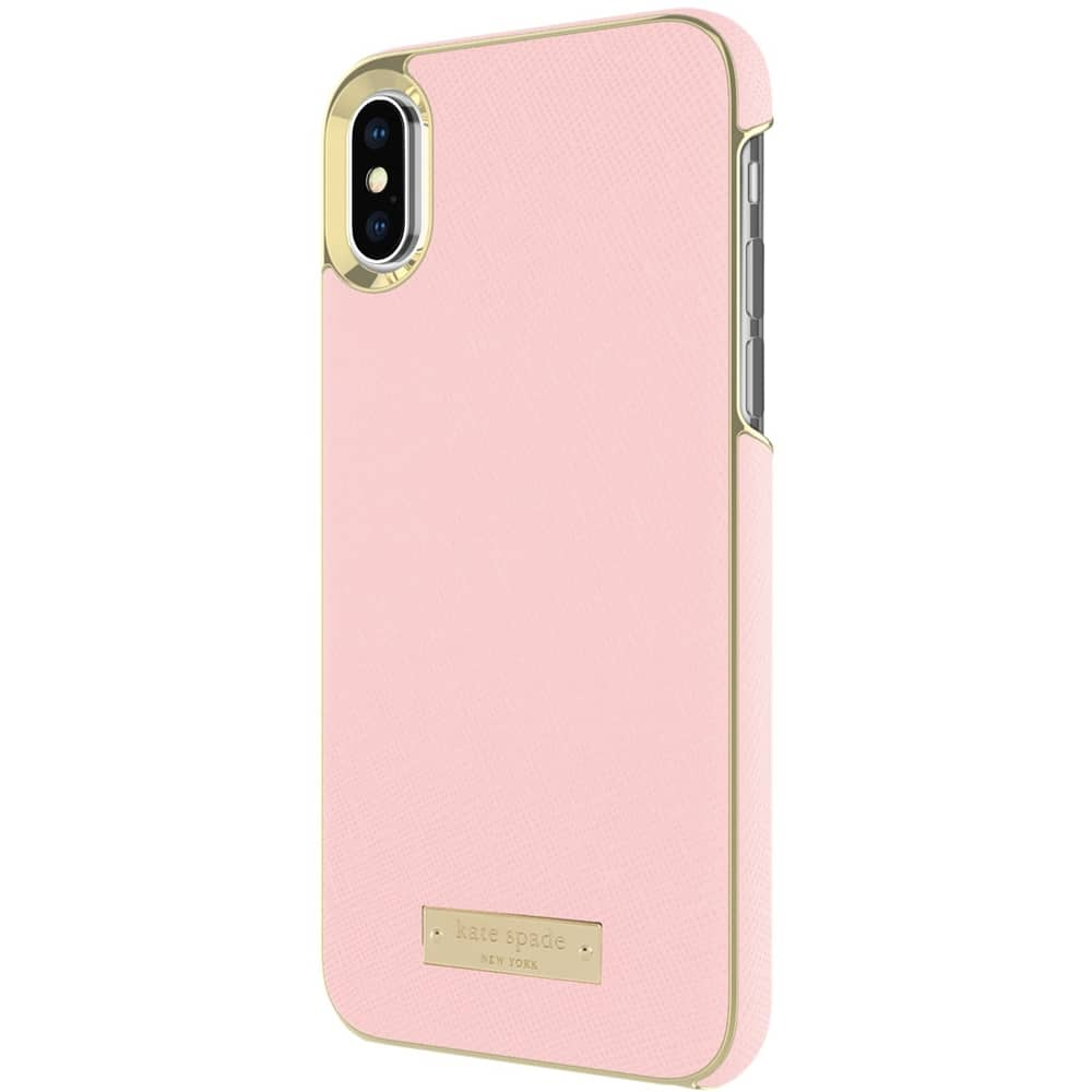 new york wrap case for apple iphone x and xs - gold logo plate/saffiano rose quartz