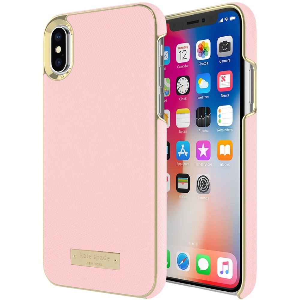 new york wrap case for apple iphone x and xs - gold logo plate/saffiano rose quartz