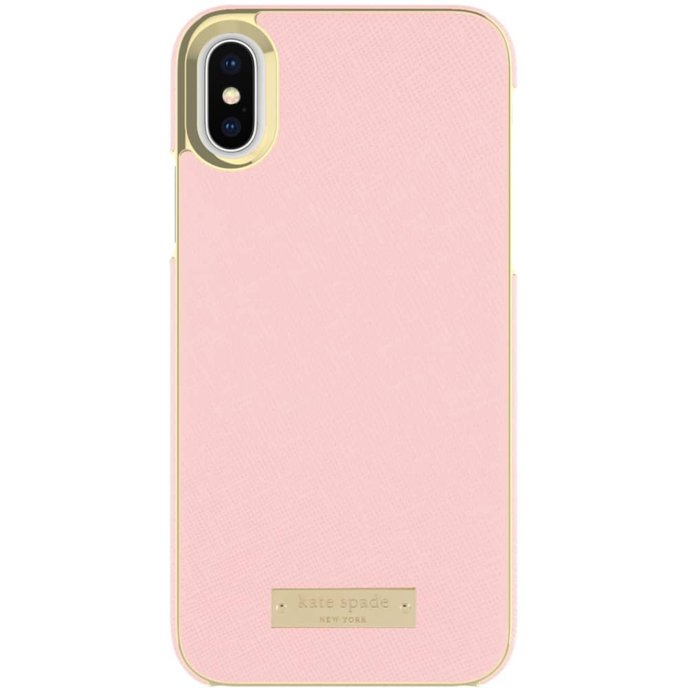 new york wrap case for apple iphone x and xs - gold logo plate/saffiano rose quartz