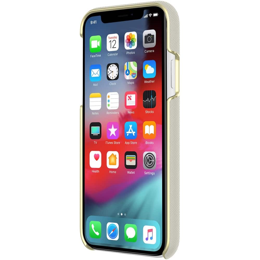 wrap case for apple iphone xr - gold logo plate/saffiano clocktower gray wrap case for apple iphone xr - gold logo plate/saffiano clocktower gray