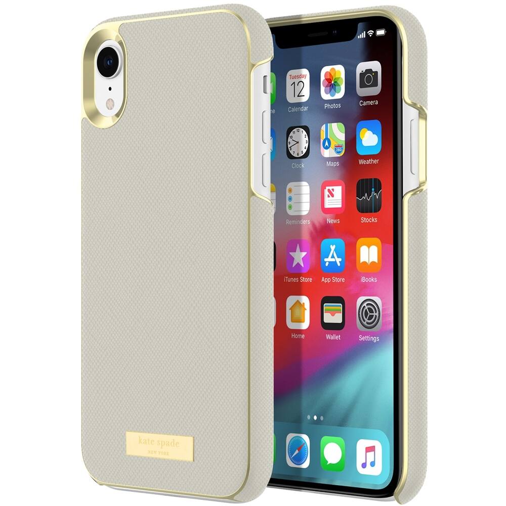 wrap case for apple iphone xr - gold logo plate/saffiano clocktower gray wrap case for apple iphone xr - gold logo plate/saffiano clocktower gray