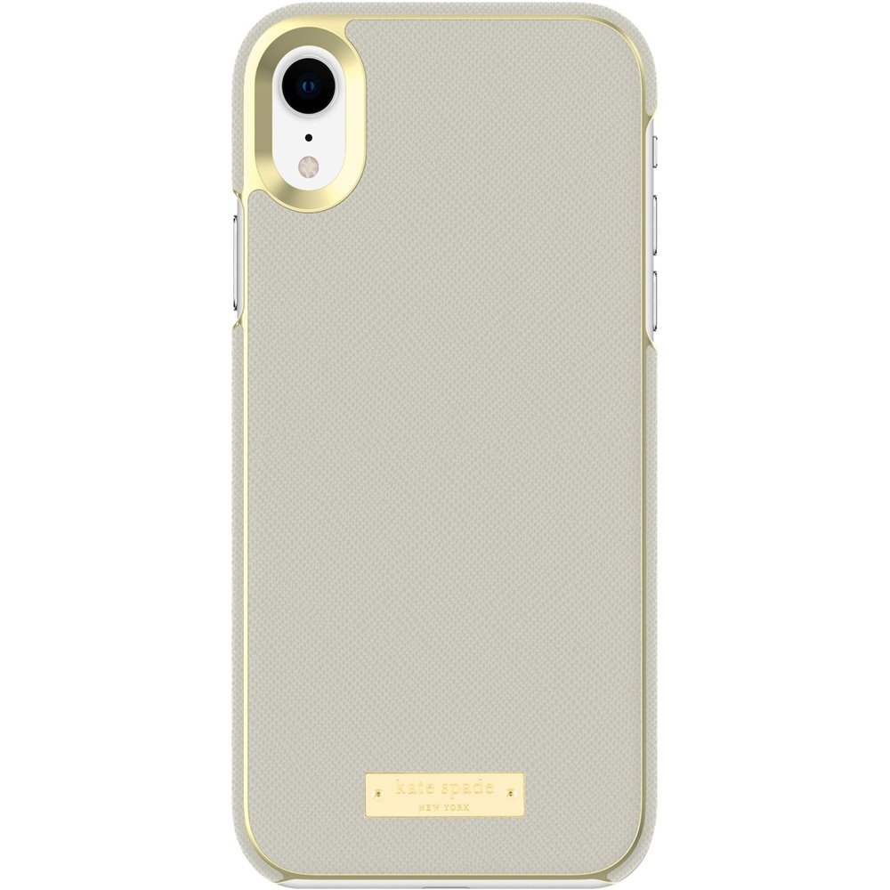 wrap case for apple iphone xr - gold logo plate/saffiano clocktower gray