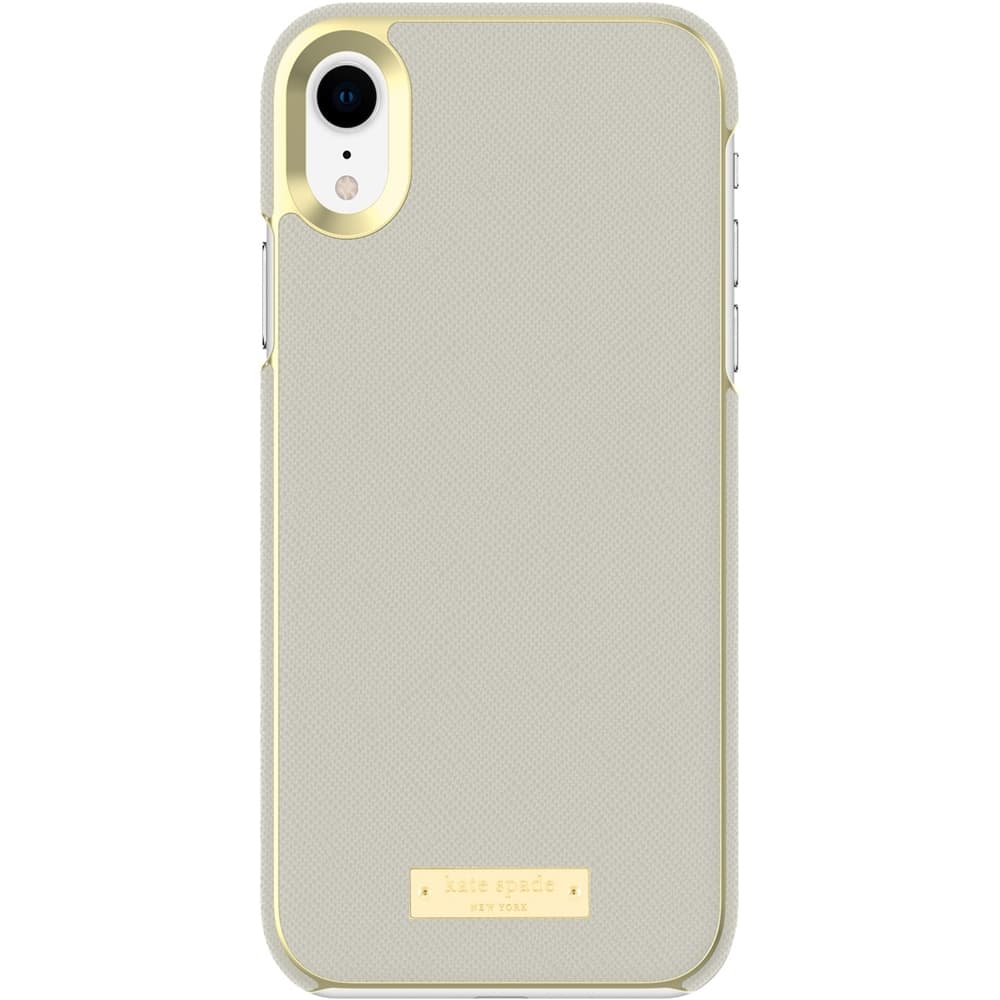wrap case for apple iphone xr - gold logo plate/saffiano clocktower gray wrap case for apple iphone xr - gold logo plate/saffiano clocktower gray