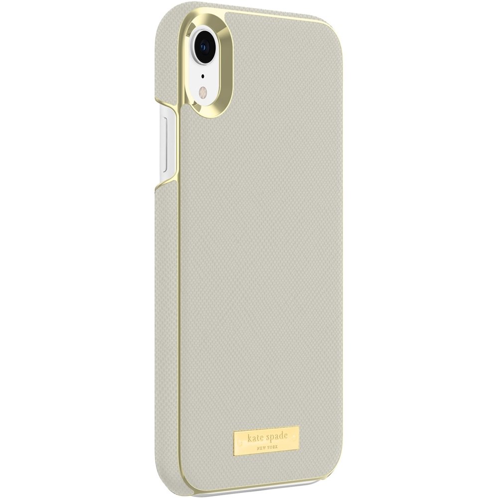 wrap case for apple iphone xr - gold logo plate/saffiano clocktower gray