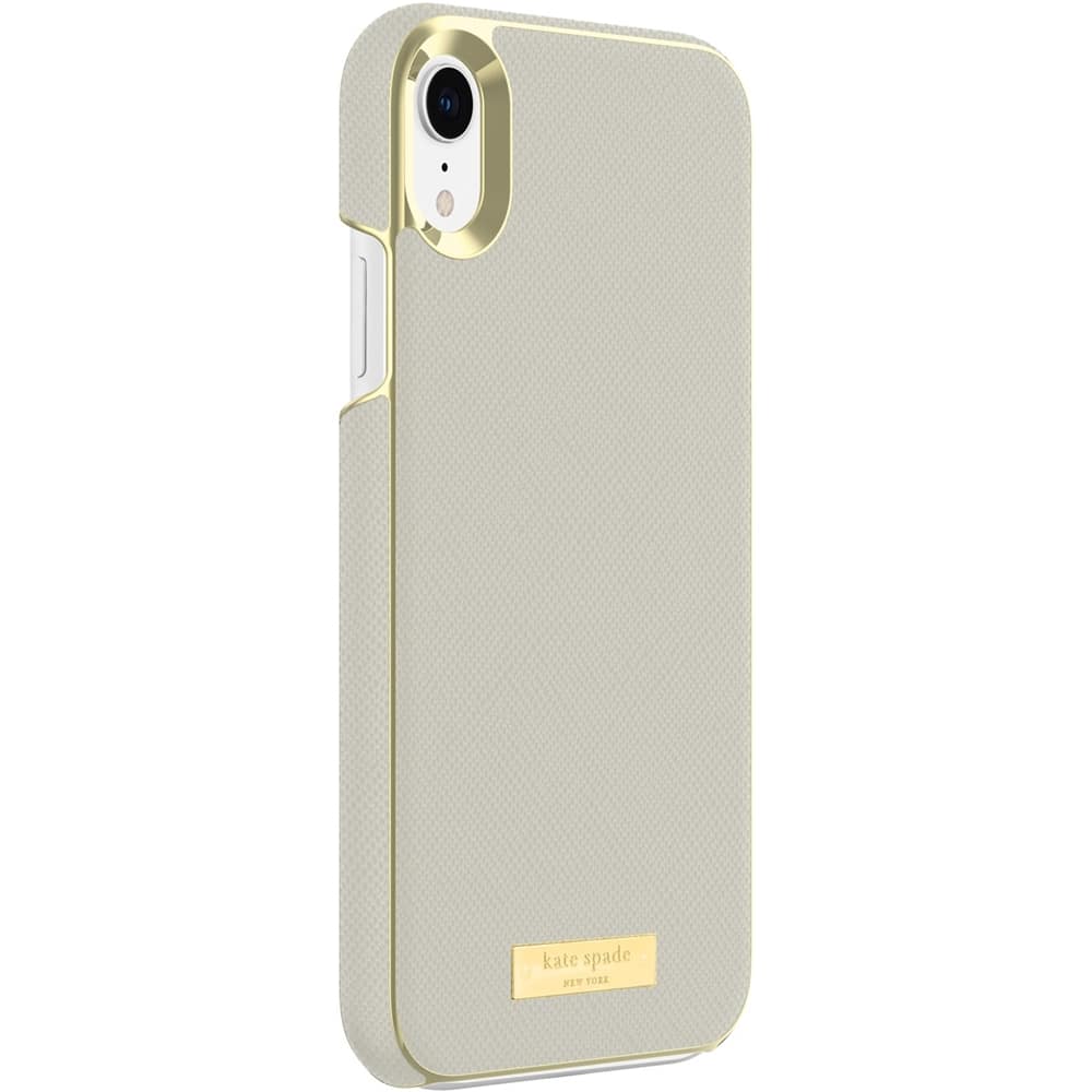 wrap case for apple iphone xr - gold logo plate/saffiano clocktower gray wrap case for apple iphone xr - gold logo plate/saffiano clocktower gray