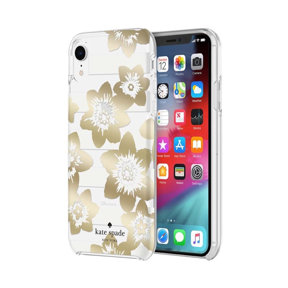 new york protective hardshell case for apple iphone xr - clear/cream/gold/crystal gems/garden bloom gold
