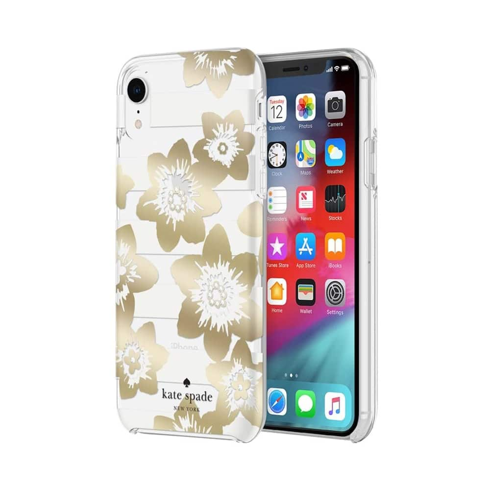 new york protective hardshell case for apple iphone xr - clear/cream/gold/crystal gems/garden bloom gold