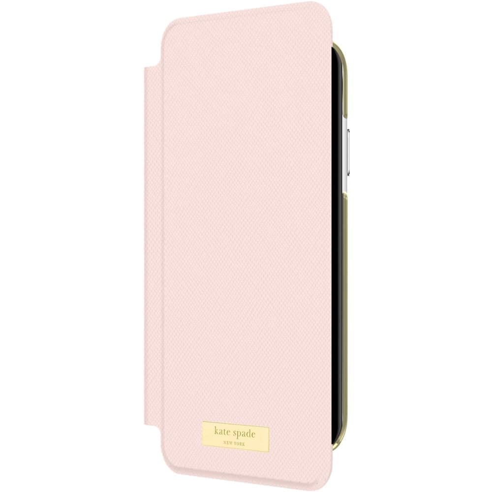Angle. kate spade new york - Case for Apple® iPhone® XR - Saffiano Rose Quartz/Gold Logo.