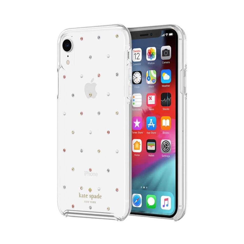 protective hardshell case for apple iphone xr - clear/pin dot gems/pearls protective hardshell case for apple iphone xr - clear/pin dot gems/pearls