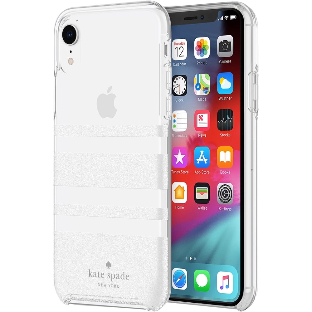 protective hardshell case for apple iphone xr - clear/charlotte stripe white glitter protective hardshell case for apple iphone xr - clear/charlotte stripe white glitter