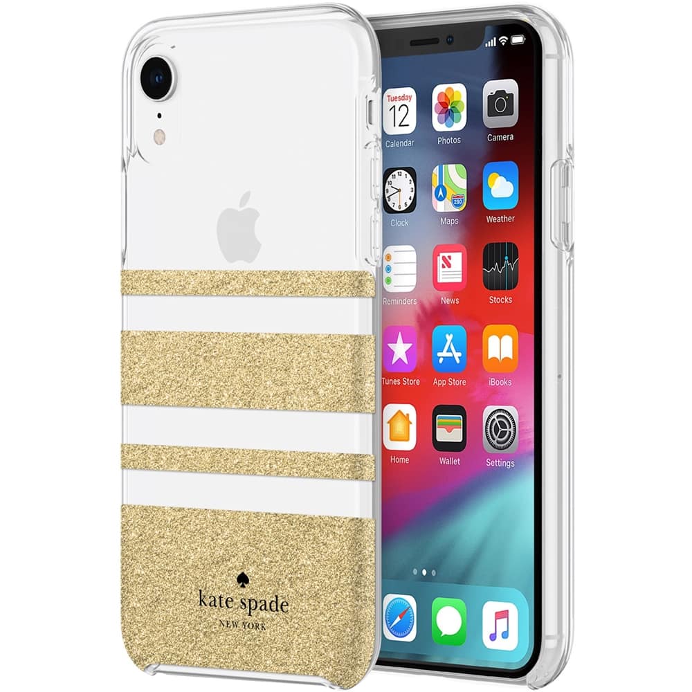 protective hardshell case for apple iphone xr - clear/charlotte stripe gold glitter protective hardshell case for apple iphone xr - clear/charlotte stripe gold glitter