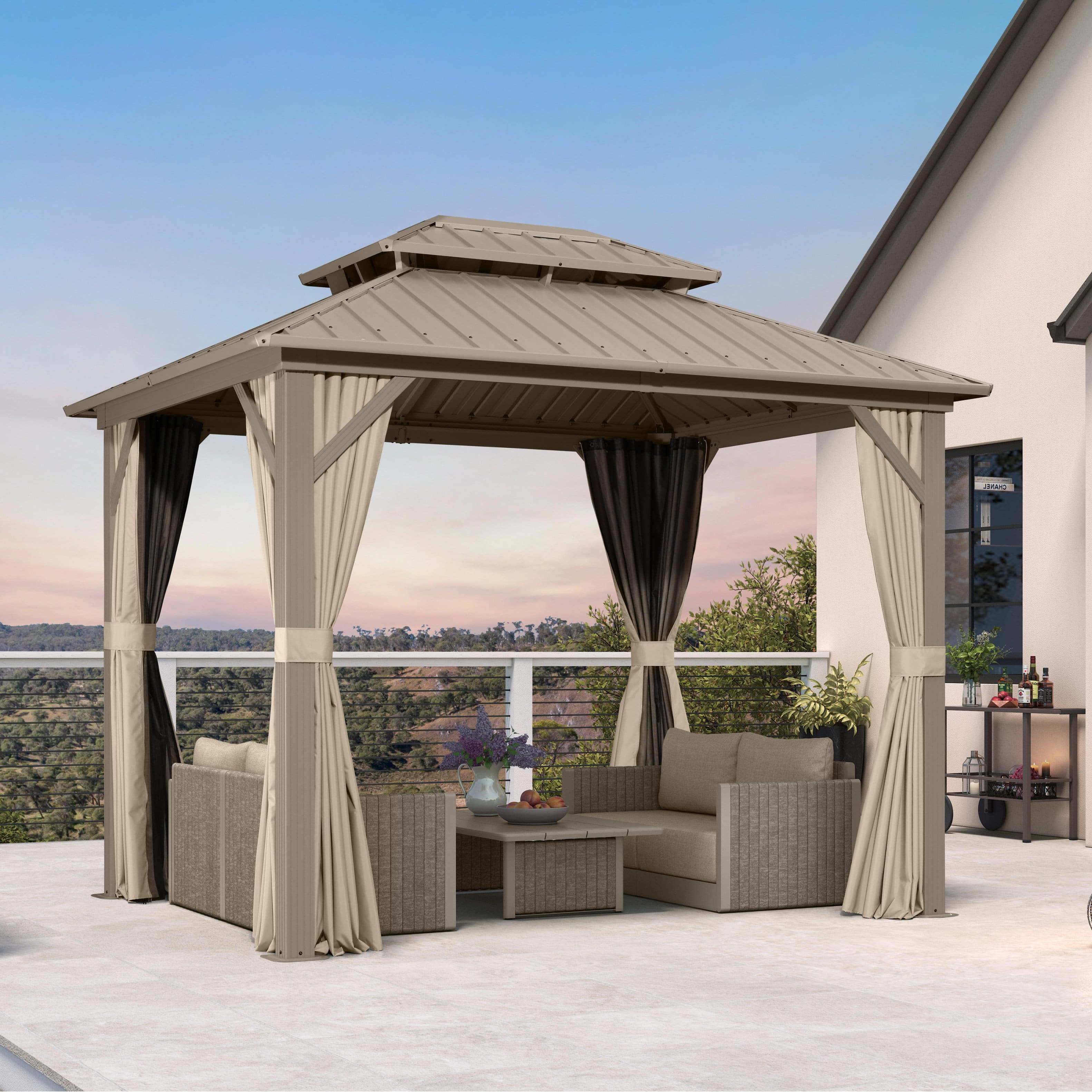 PURPLE LEAF - Outdoor Aluminum Champagne Hardtop Gazebo with Galvanized Steel Double Roof with Netting and Curtains - 8' X 10'