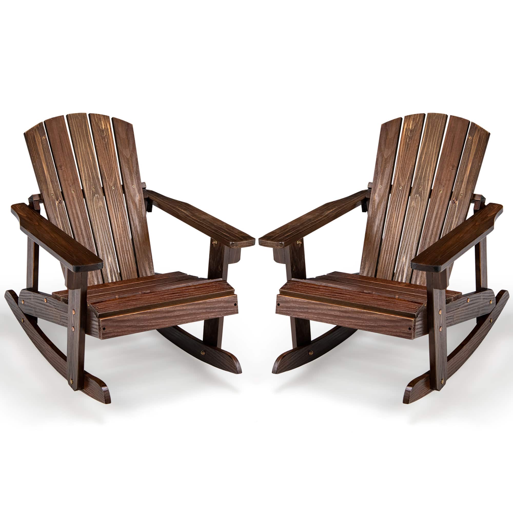 Gymax - 2PCS Kid Adirondack Rocking Chair Outdoor Solid Wood Slatted seat Backrest - Coffee