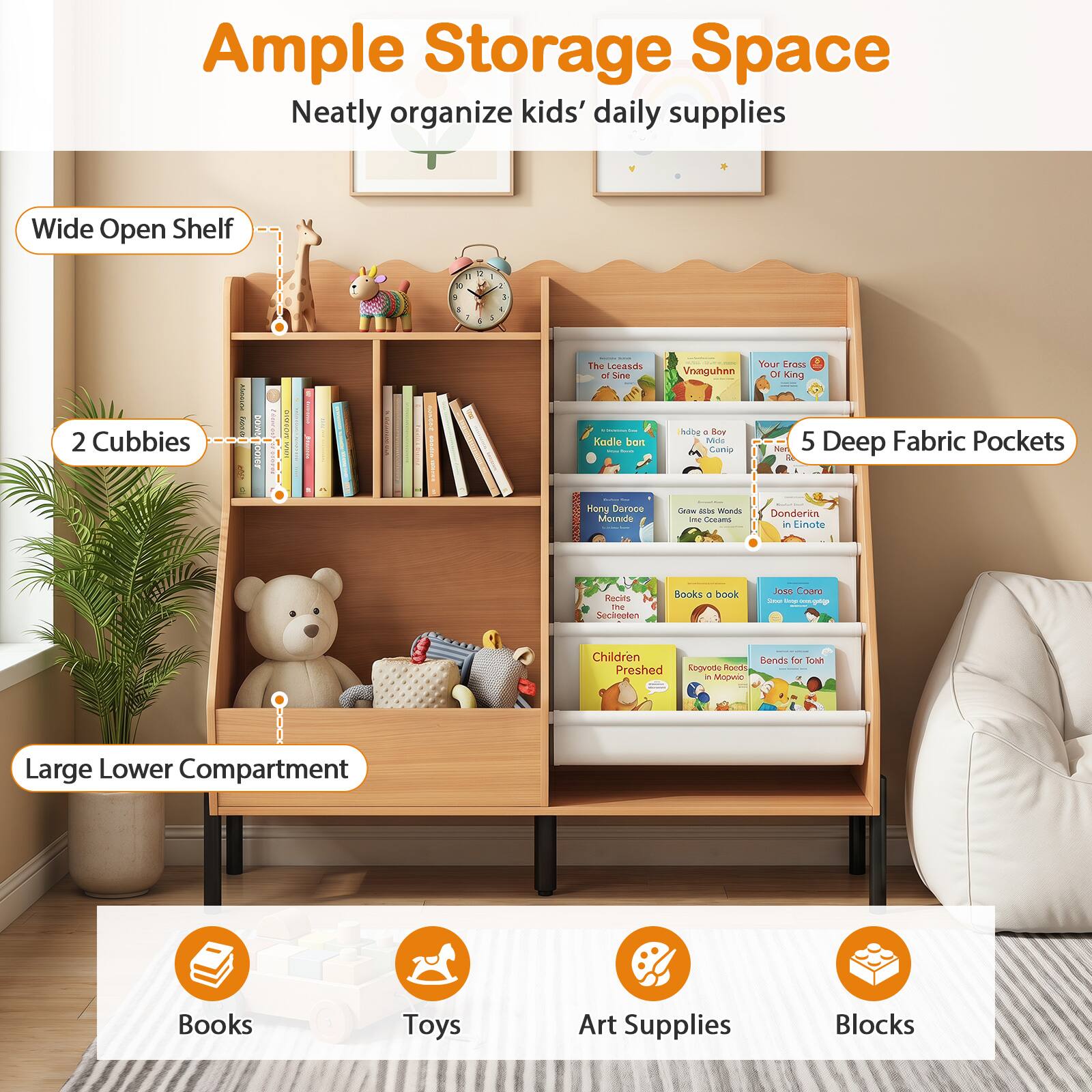 Ample Storage Space  
Neatly organize kids' daily supplies  

- Wide Open Shelf  
- 2 Cubbies  
- 5 Deep Fabric Pockets  
- Large Lower Compartment  

Books  
Toys  
Art Supplies  
Blocks