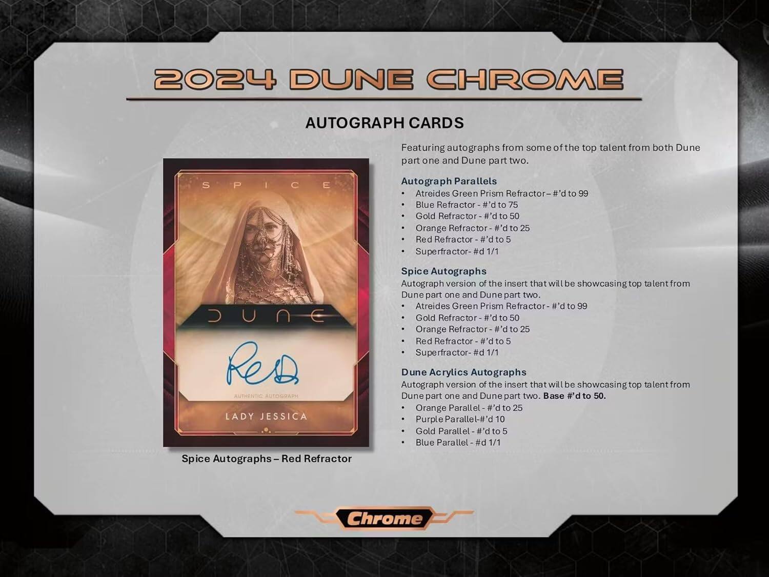 2024 DUNE CHROME AUTOGRAPH CARDS

Featuring autographs from some of the top talent from both Dune part one and Dune part two.

**SPICE Autograph Parallels**
- Atreides Green Prism Refractor - #d to 99
- Blue Refractor - #d to 75
- Gold Refractor - #d to 50
- Orange Refractor - #d to 25
- Red Refractor - #d to 5
- Superfractor - #d 1/1

**Spice Autographs**
Autograph version of the insert that will be showcasing top talent from Dune part one and Dune part two.
- Atreides Green Prism Refractor - #d to 99
- Gold Refractor - #d to 50
- Orange Refractor - #d to 25
- Red Refractor - #d to 5
- Superfractor - #d 1/1

**Dune Acrylics Autographs**
Autograph version of the insert that will be showcasing top talent from Dune part one and Dune part two.
- Base #d
