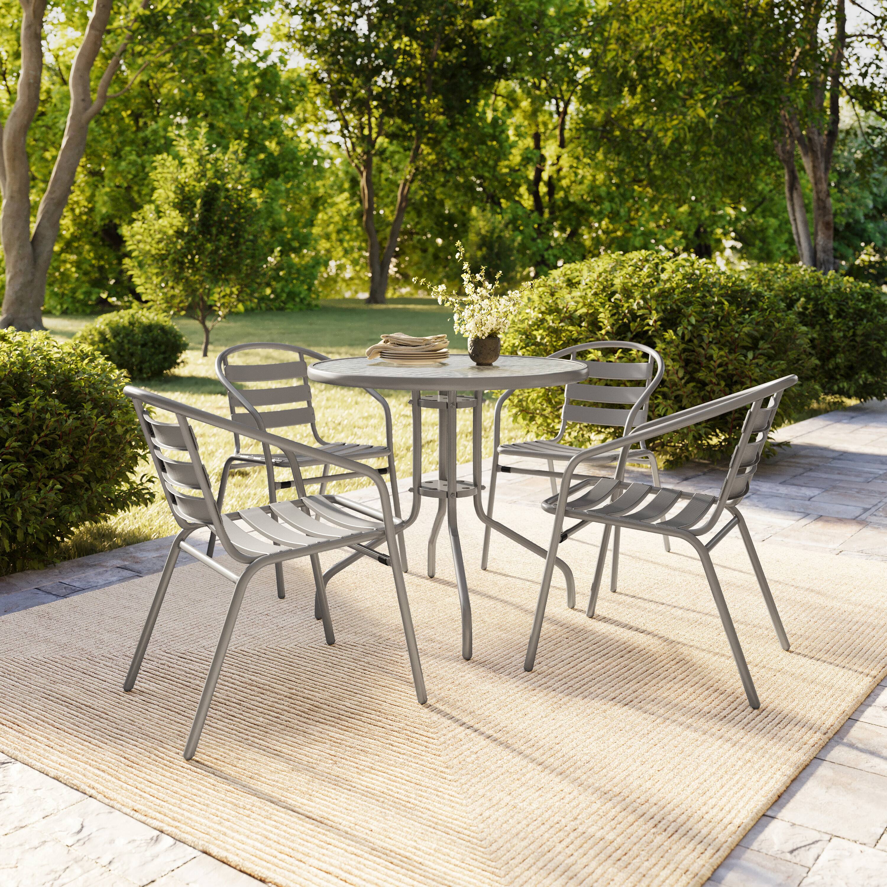 Alt View 2. Flash Furniture - Lila 31.5'' Round Glass Top Metal Table with 4 Silver Aluminum Slat Stack Chairs - Gray.
