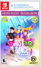 **Nintendo Switch**
**Full Game Download**
Téléchargement du jeu complet
Game card not included! / Carte de jeu non incluse!
**Limited Edition**
Édition limitée
Includes digital game and Dr. Gigavolt pack / Inclut le jeu numérique et l'ensemble Dr. Gigavolt
**New Co-op Party Mode**
Nouveau mode partie coop
**Just Dance 2026**
All Star Edition
**Music Tracks:**
- Thrift Shop (Macklemore & Ryan Lewis)
- Good Luck (Lady Gaga)
- Abracadabra (Macy Gray)
- Hung Up (Madonna)
- Drip (Babymonster)
- APT. (Rose & Bruno Mars)
- Counting Stars (OneRepublic)
- Viva La Vida (Coldplay)
- Houdini (Dua Lipa)
- All Star (Smash Mouth)
- Azizam (Ed Sheeran)
**Everyone**
Enfants et adultes
**ESRB**
E (Everyone)
**Ubisoft**