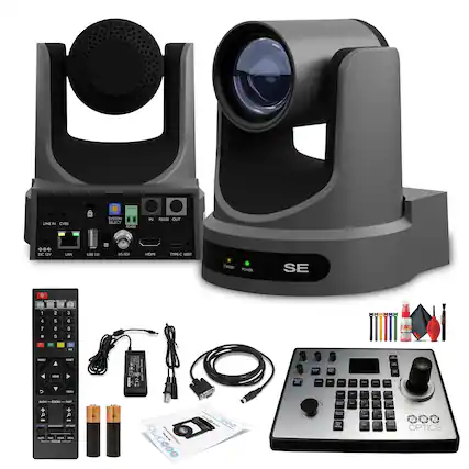 Sure, here is the corrected and grouped text from the image:
**Main Device:**
- LINE IN CVBS
- SYSTEM SELECT
- IN R3222 OUT
- DC 12V
- LAN
- USB 2.0
- IG-SDI
- HDMI
- TYPE-C
- RESET
- POWER
**Camera:**
- SE
**Remote Control:**
- TRACKING
- 1 2 3
- 4 5 6
- 7 8 9
- 0
- PRESET
- RESET
- HOME
- MENU
- SLOW-ZOOM
- F-TILT
- F-PAN
- FOCUS
- IR CUT
- NIGHT MODE
- POWER
- OPTICS
**Other Components:**
- USB 2.0
- Power Adapter
- USB Cable
- HDMI Cable
- LAN Cable
- SD Card
- Batteries
- Instruction Manual
**Additional Items:**
- OPTICS
- SE
- 5072-000