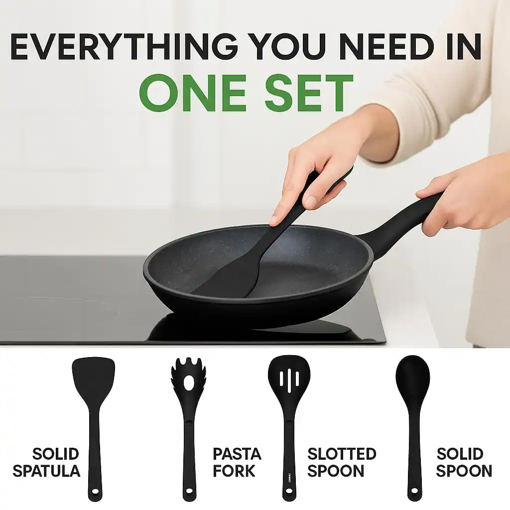 Everything you need in one set: solid spatula, pasta fork, slotted spoon, solid spoon.