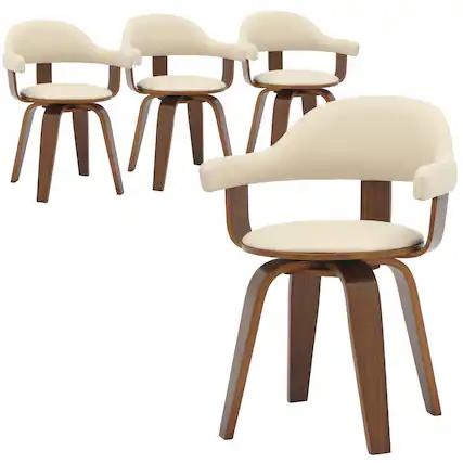 Front. LeisureMod - Set of 4 Brivo Leather Upholstered Side Dining Arm Chair with Open Back, Swivel and Rich Stained Finish - Cream.