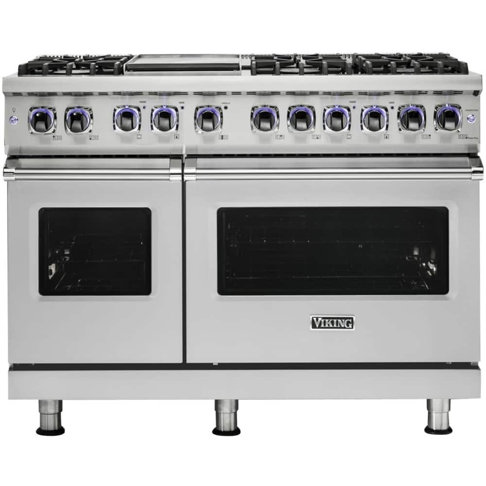 Front. Viking - 48"W 7-Series Dual Fuel Self-Clean Range-6 Burners + Griddle - Stainless steel.