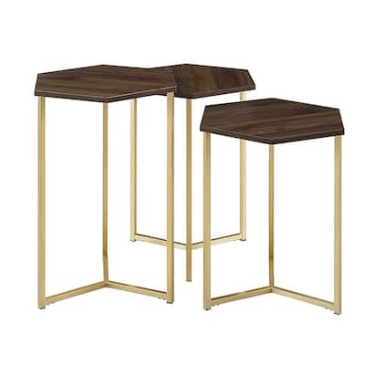Walker Edison - Modern Nesting 3 Piece End/Side Table - Dark Walnut/Gold