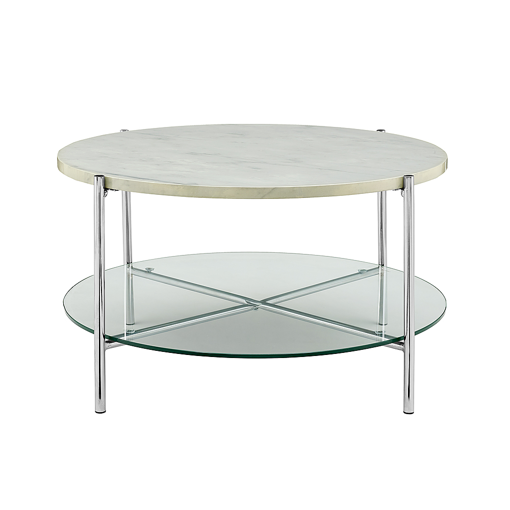 Walker Edison Modern Round Coffee Table Faux White Marble Glass Chrome Bbf32srdctwmcr Best Buy