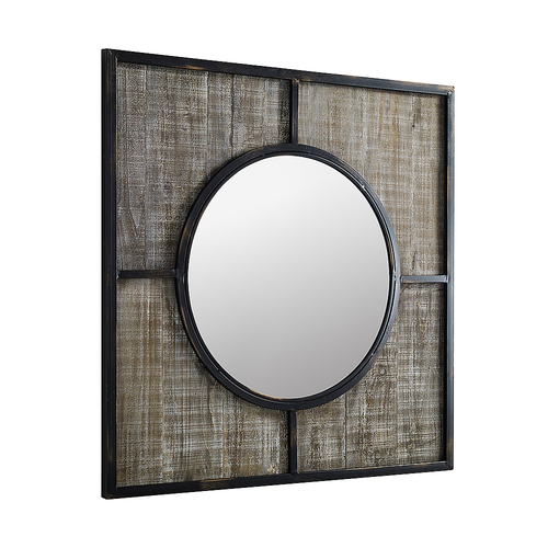 Walker Edison - 32" Square Frame with Circle Mirror - Rustic Wood