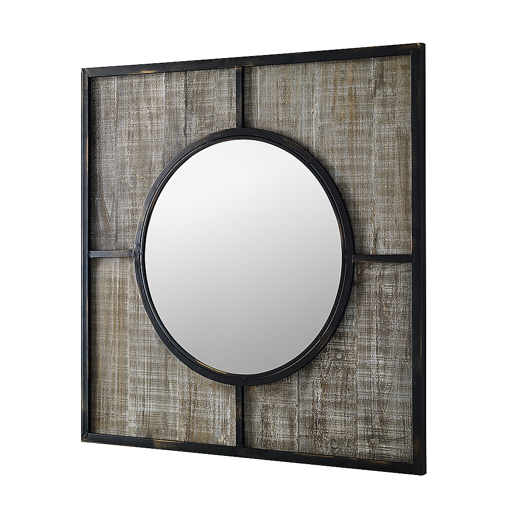 Left View: Walker Edison - 32" Square Frame with Circle Mirror - Rustic Wood