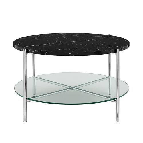 Walker Edison - Modern Round Coffee Table - Faux Black Marble/Glass/Chrome