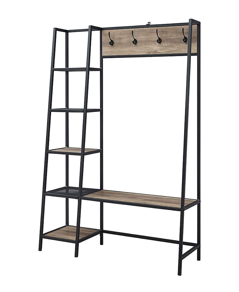 Left View: Walker Edison - 68" Rustic Industrial Hall Tree with Storage - Gray Wash