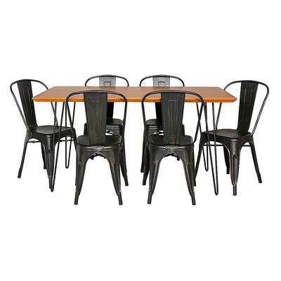 Walker Edison - Rectangular Mid Century Modern Dining Table (Set of 7) - Walnut/Black