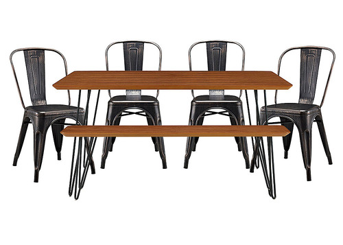 Walker Edison - Rectangular Mid Century Modern Dining Table (Set of 6) - Walnut/Black